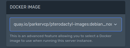 Select: quay.io/parkervcp/pterodactyl-images:debian_nodejs-14
